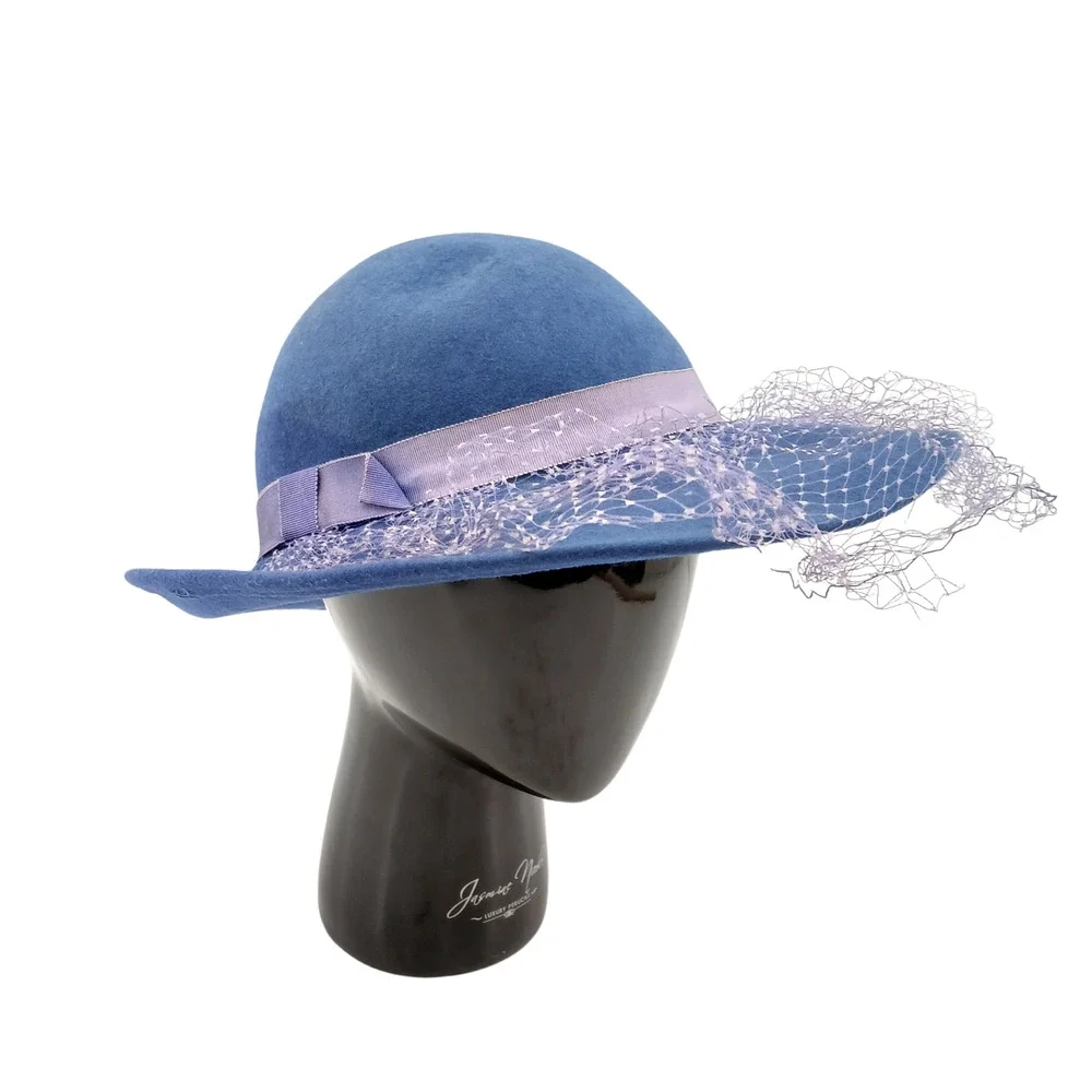 Womens Fedora Hat Blue Wool Netting with Band 100% Wool Lancaster USA